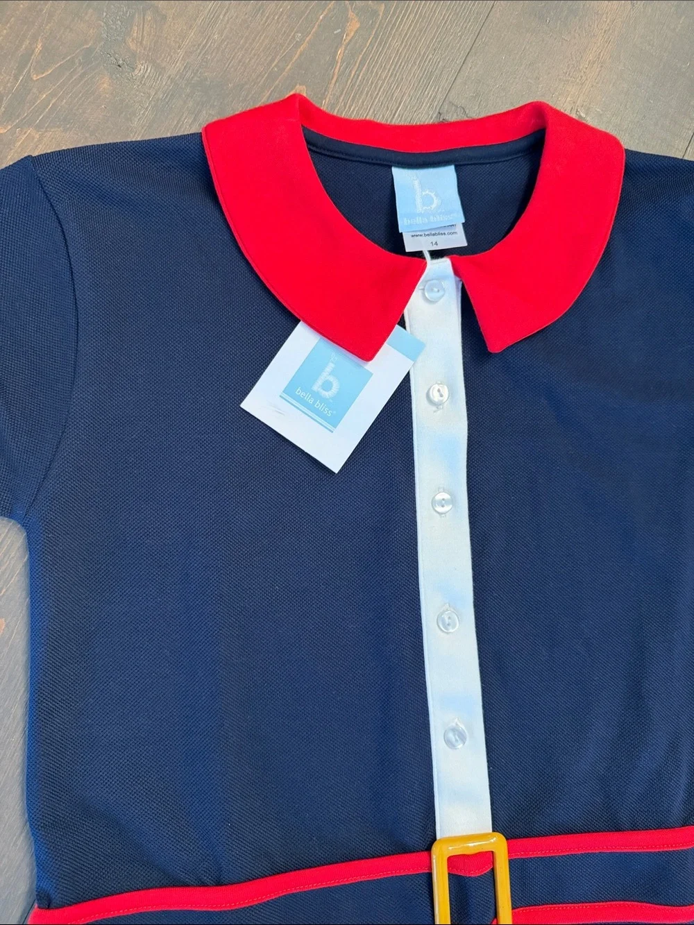 NWT Bella Bliss Red Collar Navy Dress Belted School Size 14 Girls